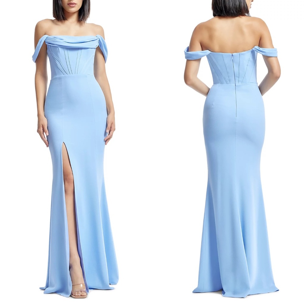 NEW DRESS THE POPULATION Sky BLU Crepe MELANIA Off the Shoulder HIGH SLIT GOWN M